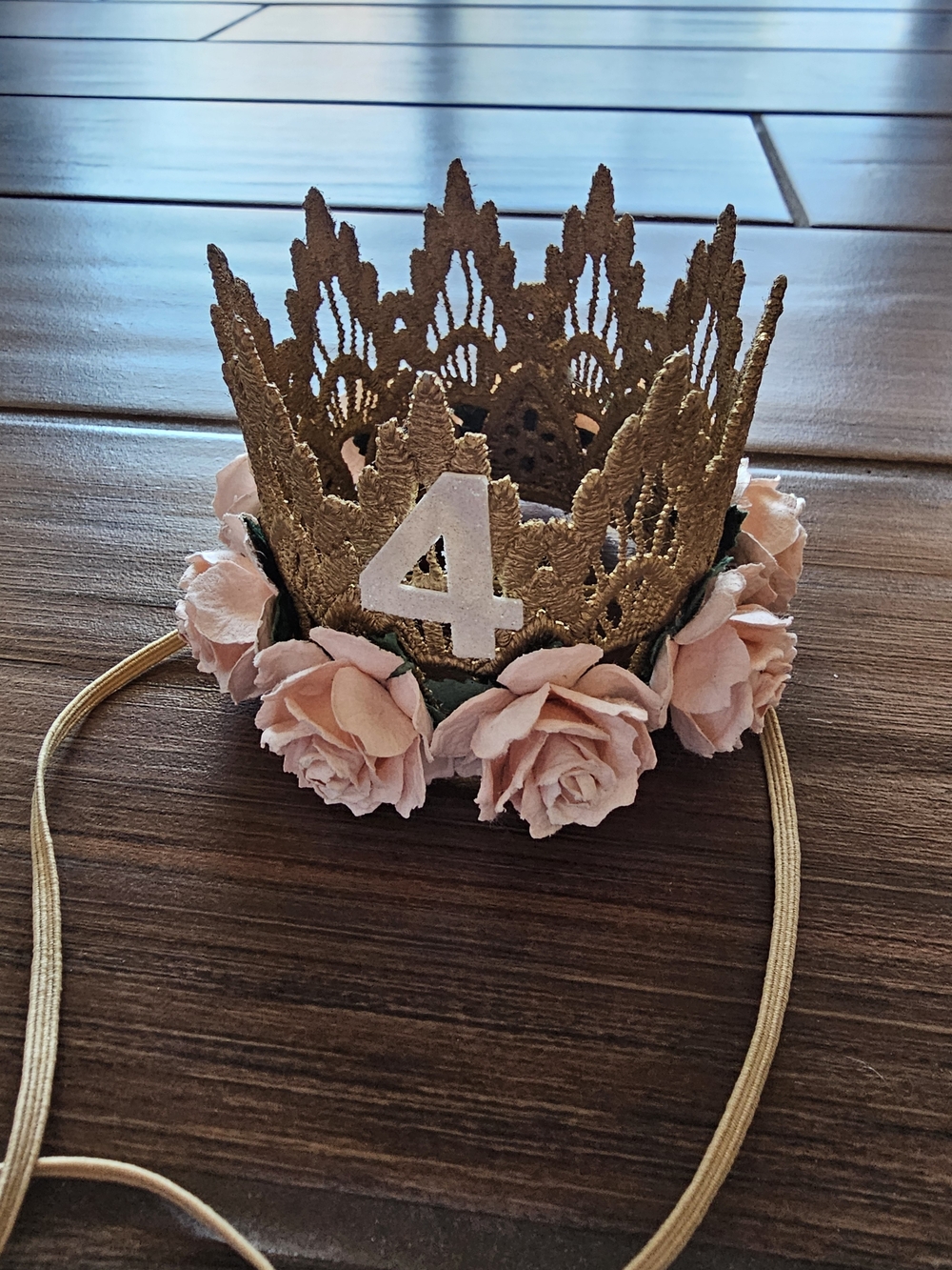 4th Birthday Gold Lace Flower Crown Tiara with Pink Roses